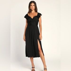 Lulus Regal Ruffles Black Satin Flutter Sleeve Midi Dress
